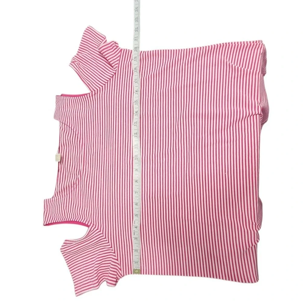 Michael‎ Kors Pink White Striped Cold Shoulder Ruffle Top Large MK Logo Charm